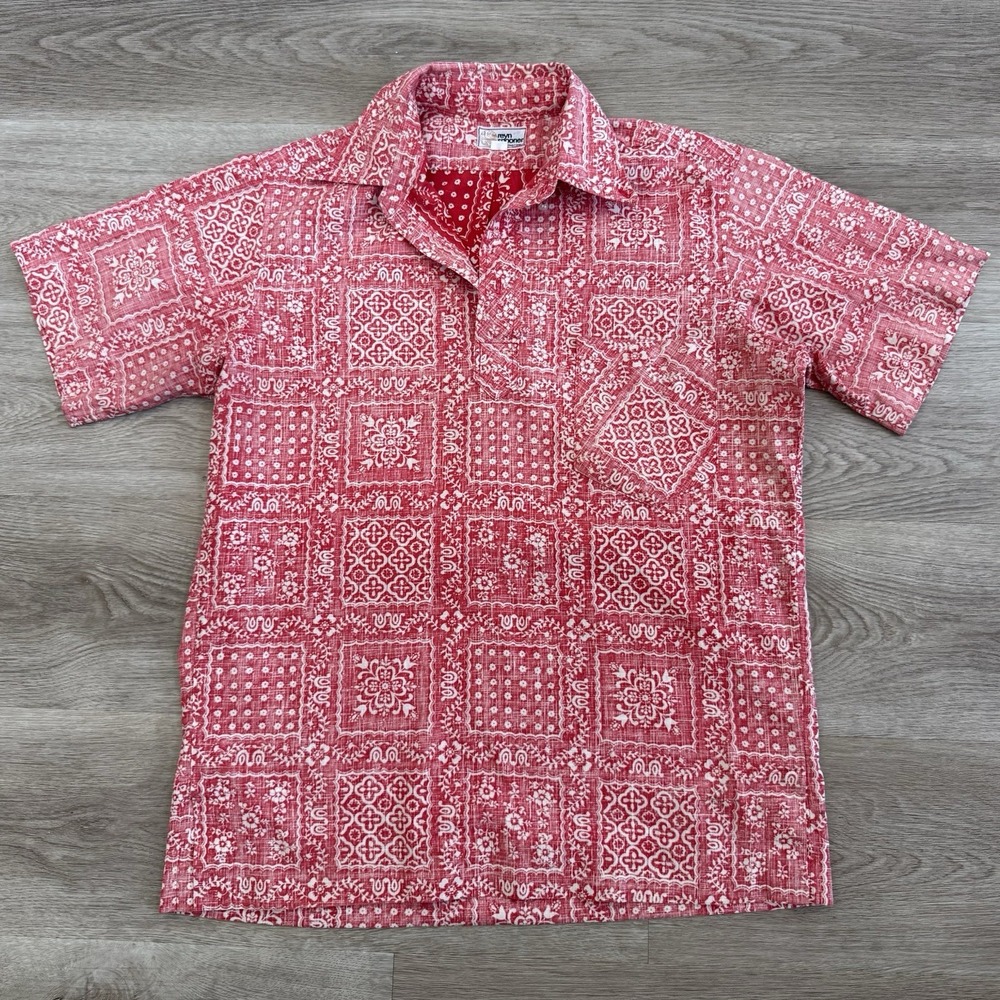 VTG 60s 70s Reyn Spooner Bandana Shirt Mens M Red Nude Wahine Tag Reverse Cloth